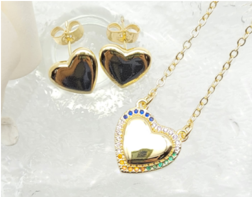 Rainbow Zircon Heart Pendant Necklace & Black Enamel Heart Stud Earrings Set