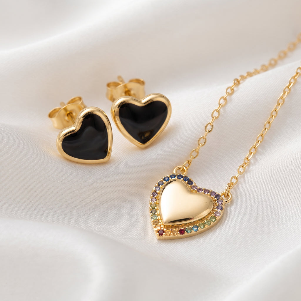 Rainbow Zircon Heart Pendant Necklace & Black Enamel Heart Stud Earrings Set