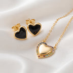 Rainbow Zircon Heart Pendant Necklace & Black Enamel Heart Stud Earrings Set