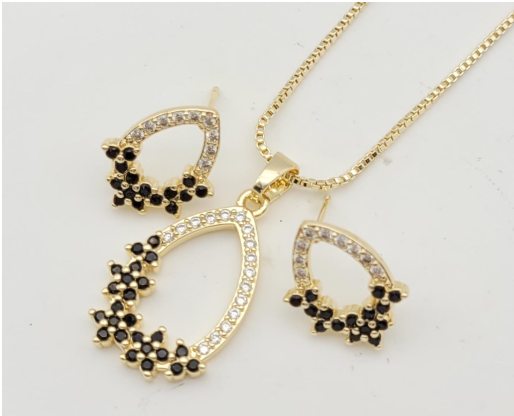 Black & Clear Zircon Teardrop Pendant Necklace & Stud Earrings Set