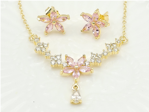 Pink Blossom Zircon Floral Pendant Necklace & Stud Earrings Set