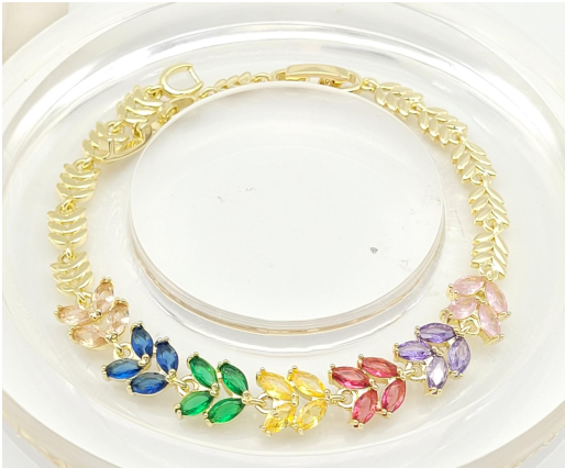 Multi-Color Rainbow Marquise Zircon Leaf Bracelet – 18K Gold Plated Statement Wristwear