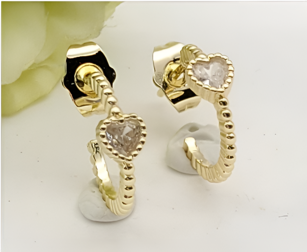 Beaded Heart Huggie Hoop Earrings – 18K Gold Plated Zircon Statement Jewellery