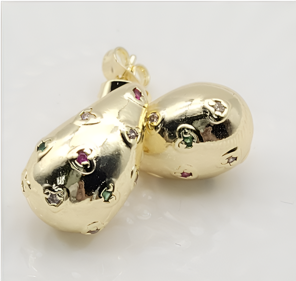 Multi-Color Gemstone Inlaid Puffed Teardrop Earrings – 18K Gold Plated Artistic Jewellery