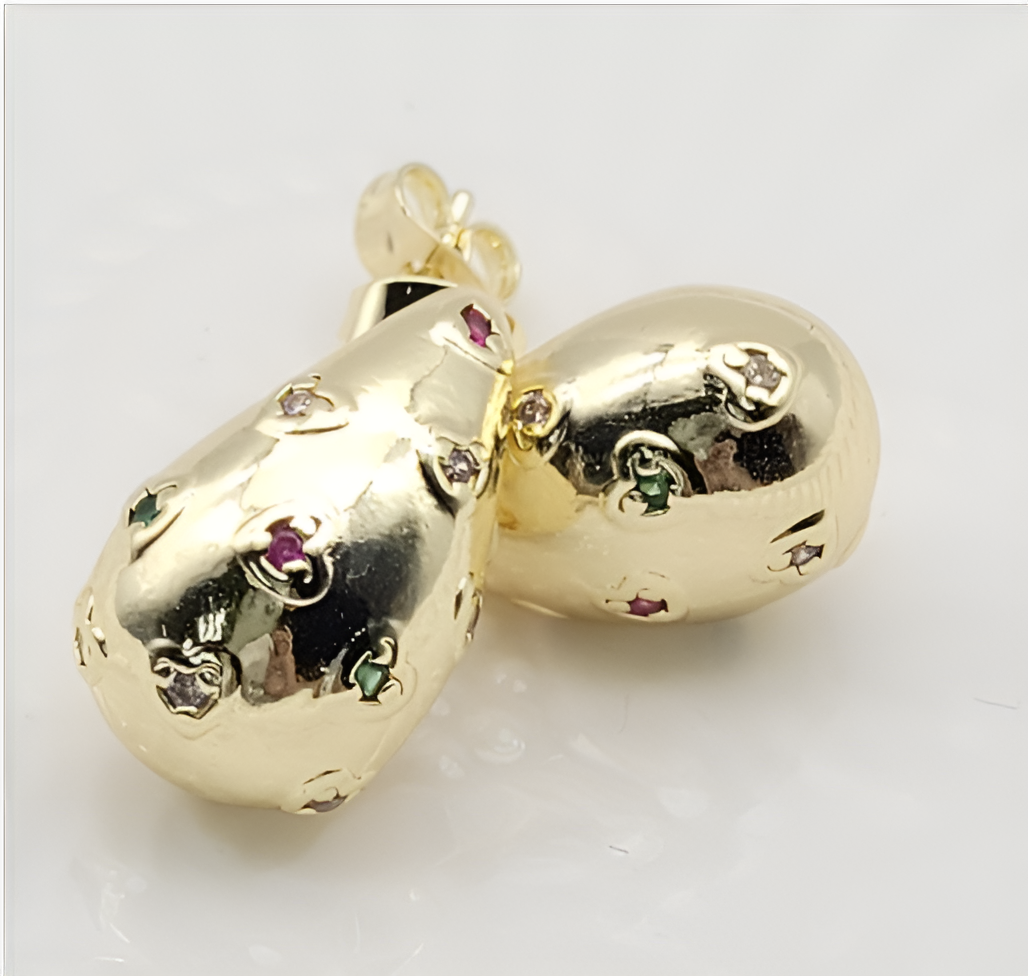Multi-Color Gemstone Inlaid Puffed Teardrop Earrings – 18K Gold Plated Artistic Jewellery