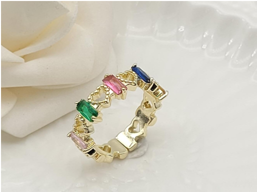 Multi-Color Baguette Crystal & Open Heart Band Ring – 18K Gold Plated Statement Ring