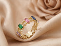 Multi-Color Baguette Crystal & Open Heart Band Ring – 18K Gold Plated Statement Ring