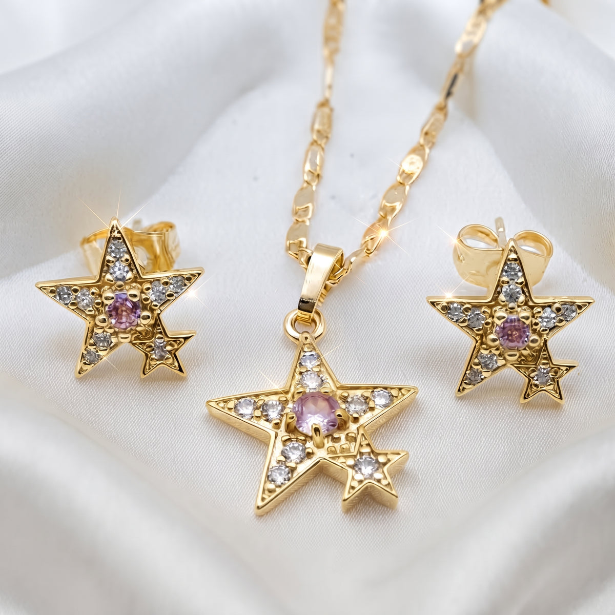Celestial Star Crystal Necklace & Earring Set – 18K Gold Plated Matching Jewellery Set