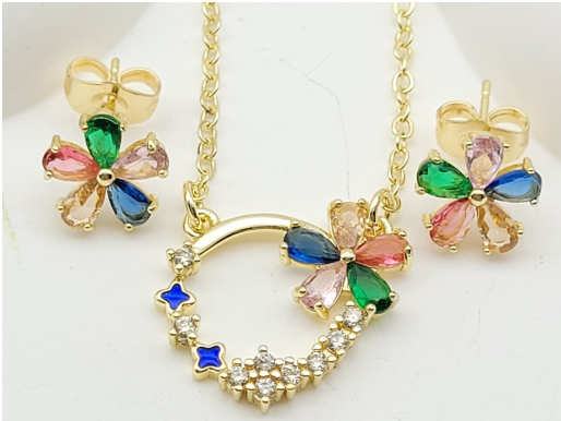 Blooming Floral Crystal Necklace & Earring Set 18K Gold Plated