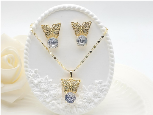 Sparkling Butterfly Crystal Necklace & Earring Set – 18K Gold Plated Luxury Jewellery Set