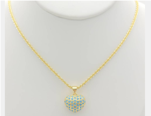 Turquoise Blue Puffed Heart Pendant Necklace – 18K Gold Plated Gemstone