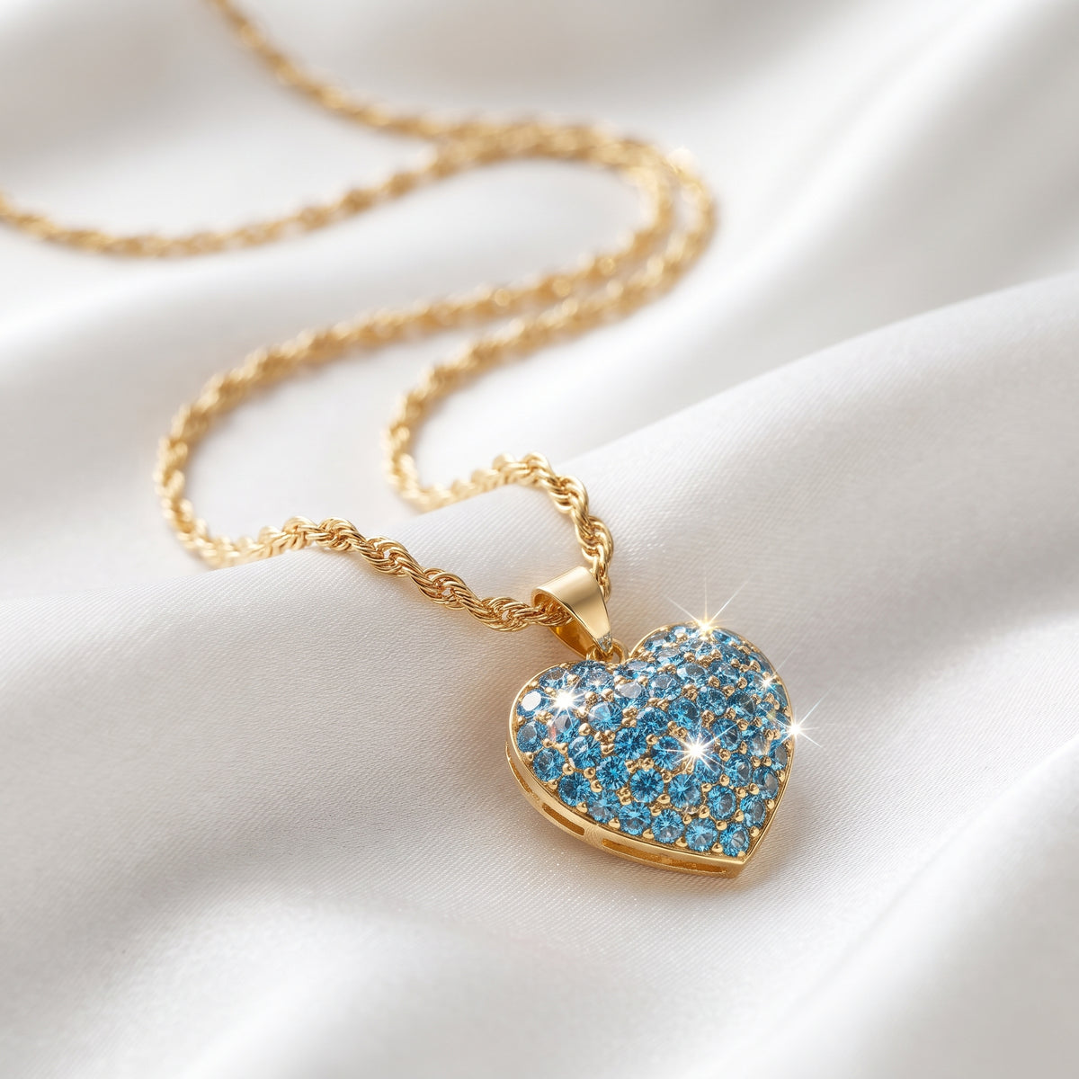 Turquoise Blue Puffed Heart Pendant Necklace – 18K Gold Plated Gemstone