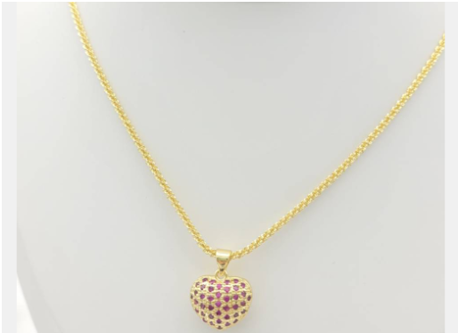 Ruby Red Puffed Heart Pendant Necklace – 18K Gold Plated Gemstone