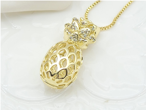 Crystal Paved Pineapple Pendant Necklace – 18K Gold Plated Tropical Jewellery