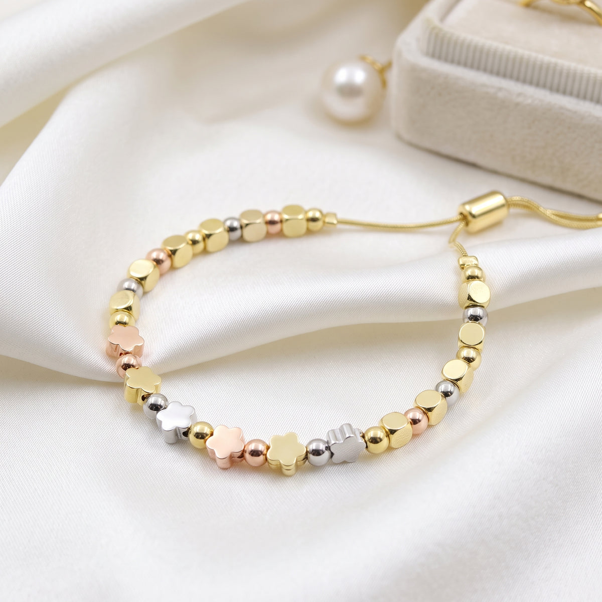 Tri-Color Zircon Flower and Bead Adjustable Slider Bracelet