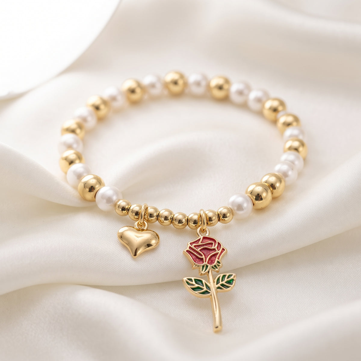 Gold-Plated White Pearl and Gold Bead Rose and Heart Charm Bracelet