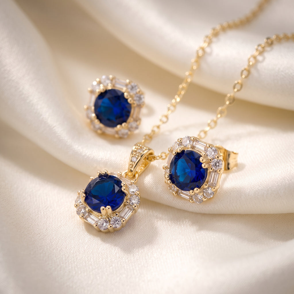 Elegant Zircon Halo Pendant Necklaces & Stud Earrings Set (Colours Available)