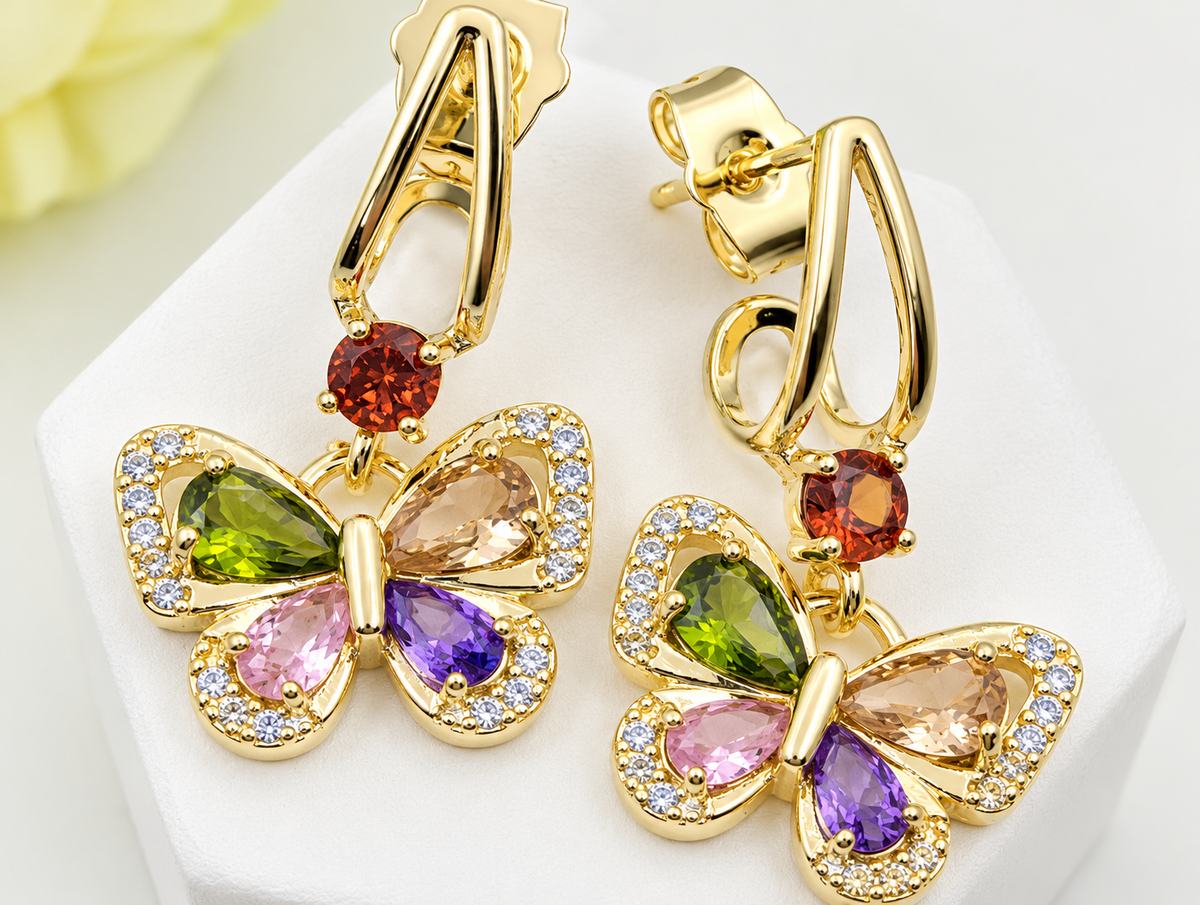 Multi-Color Zircon Crystal Butterfly Dangle Earrings – 18K Gold Plated Whimsical Jewellery