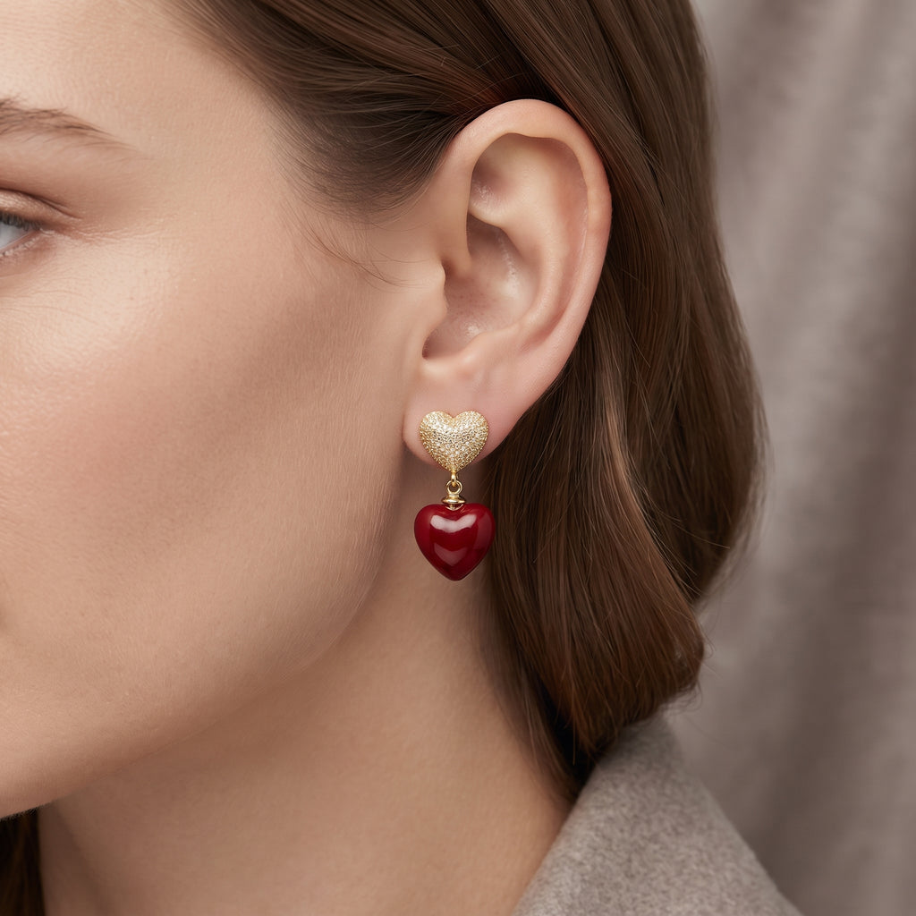 18K Gold Plated 3A Premium Zircon Sparkling Heart & Red Drop Earrings