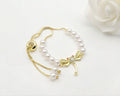 Gold-Plated White Pearl and Zircon Dragonfly Adjustable Slider Bracelet
