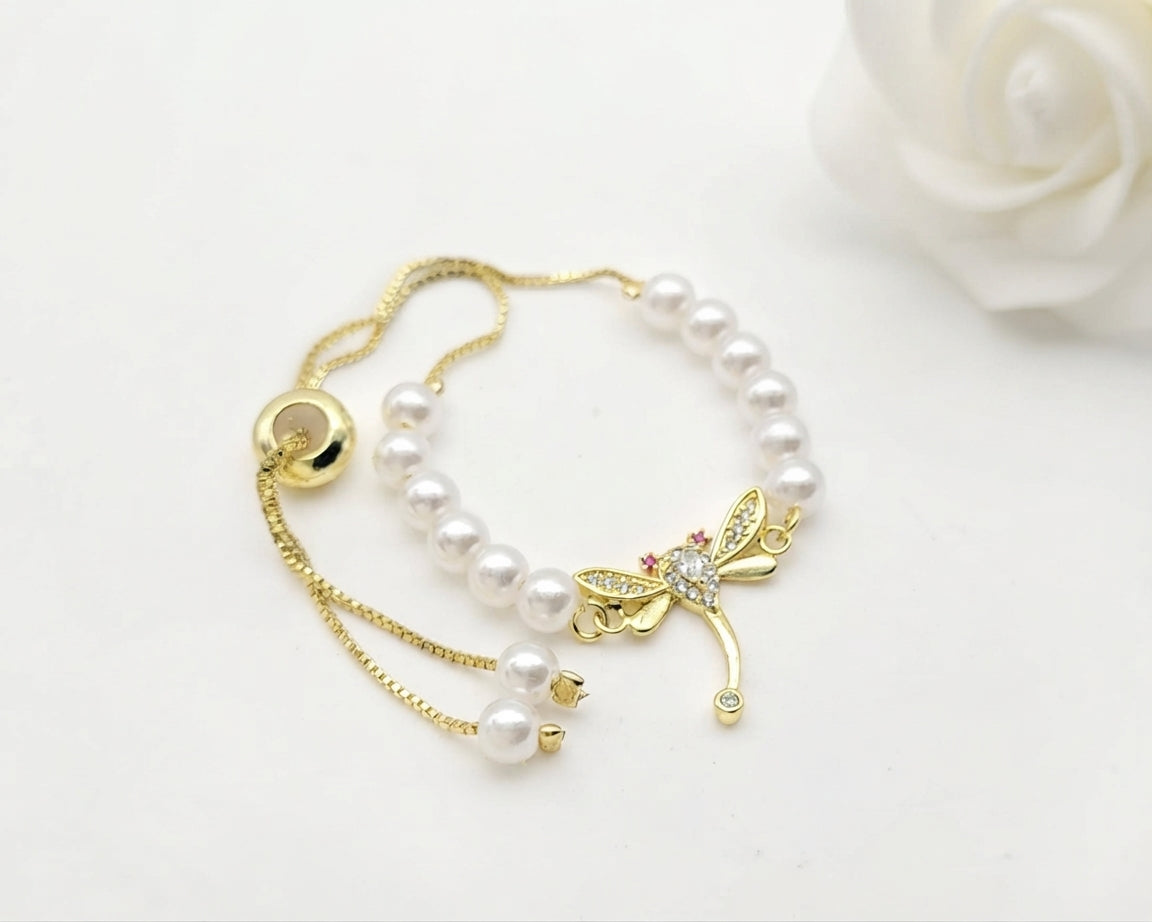 Gold-Plated White Pearl and Zircon Dragonfly Adjustable Slider Bracelet