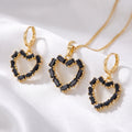 Edgy Black Baguette Zircon Heart Pendant Necklace & Matching Drop Earrings Set