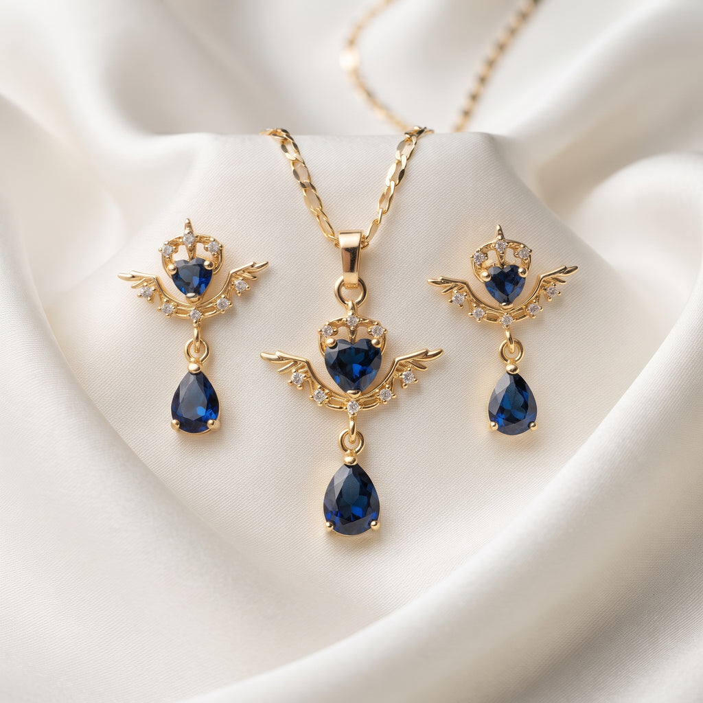 Gold-Plated Blue Zircon Heart Wings Pendant Necklace and Earring Set