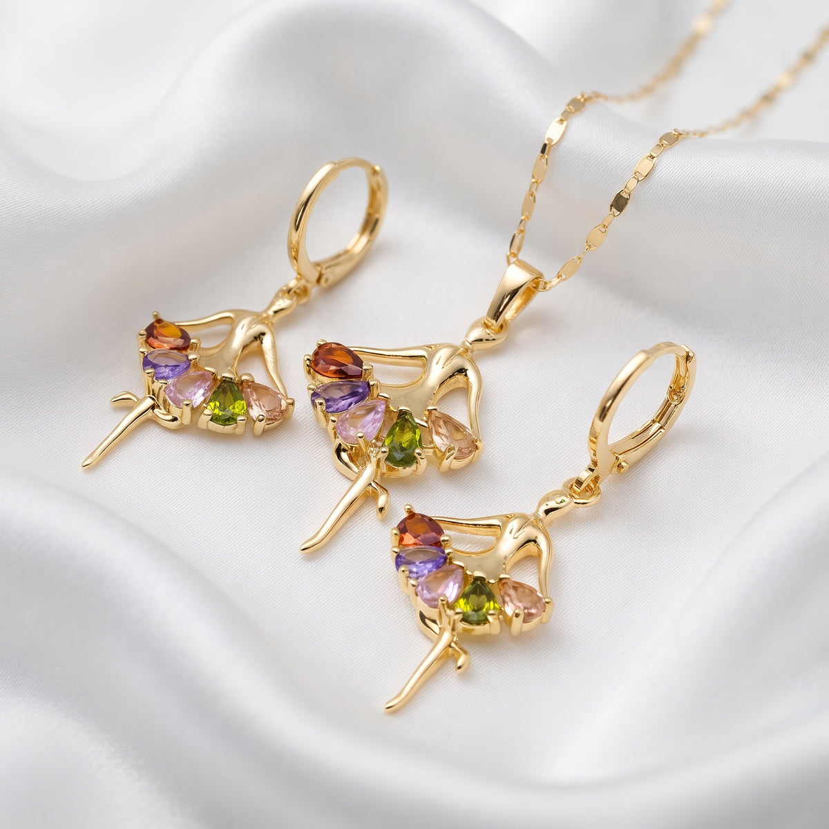 Gold-Plated Multi-Color Zircon Ballerina Pendant Necklace and Earring Set