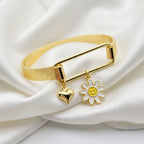 Gold-Plated Enamel Smiley Flower and Heart Charm Bangle Bracelet