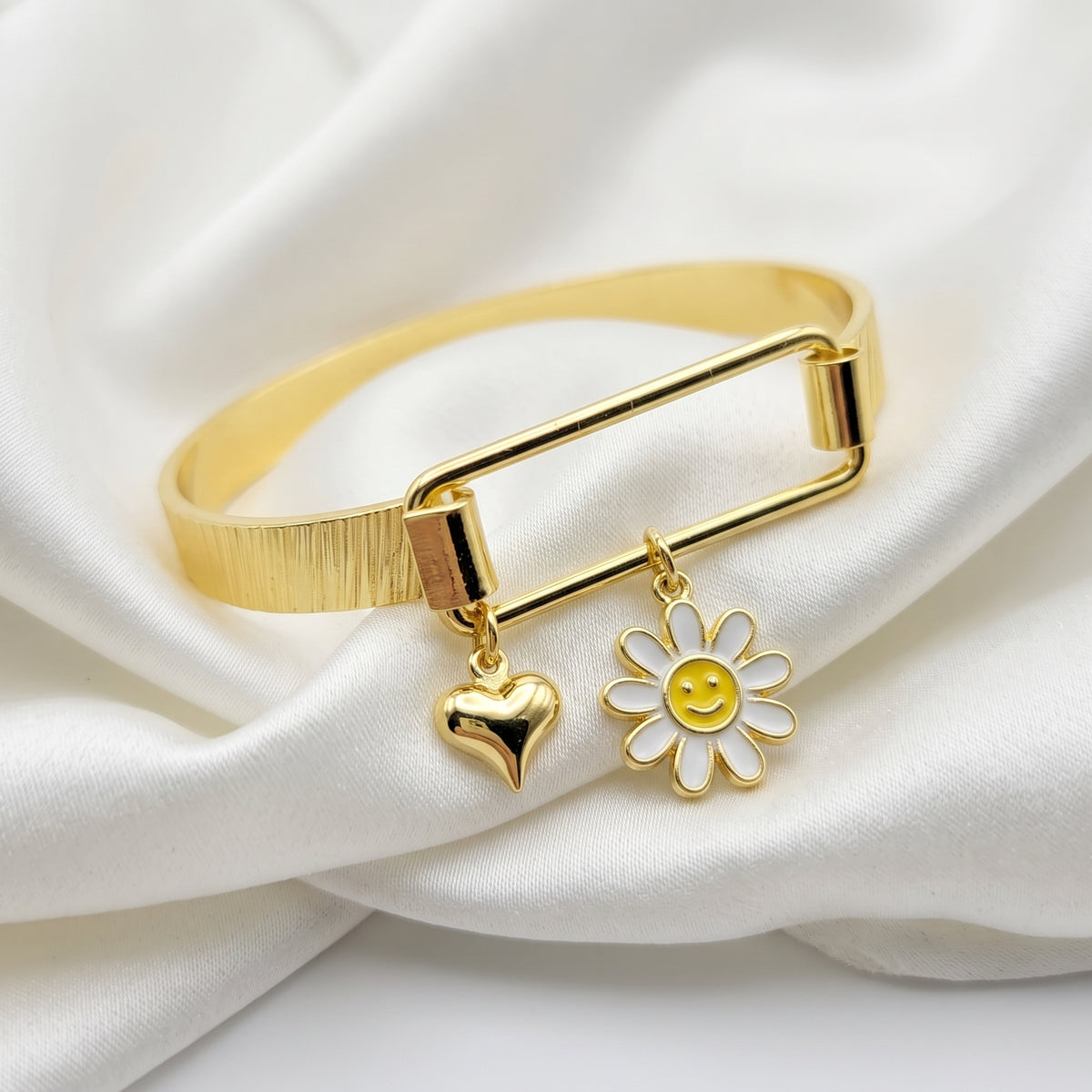 Gold-Plated Enamel Smiley Flower and Heart Charm Bangle Bracelet