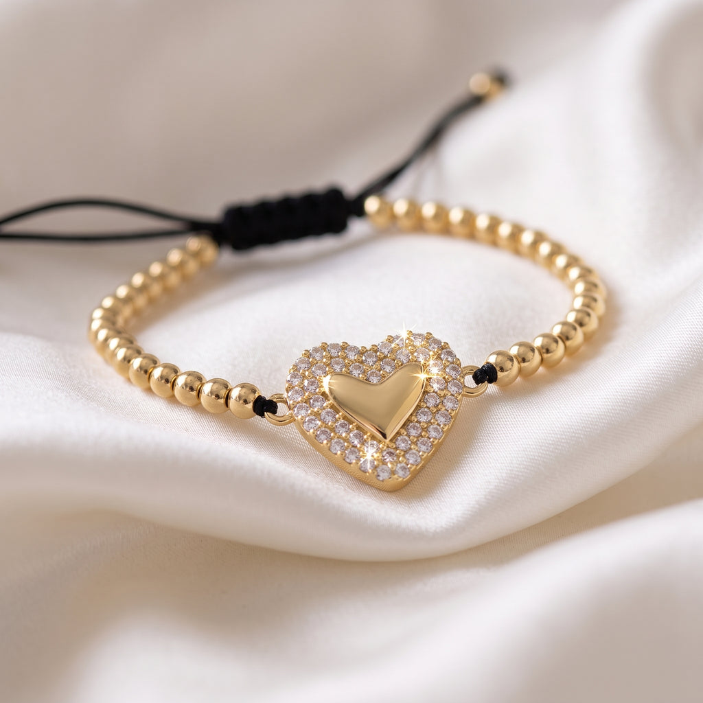 Luxury Beaded Pavé Zircon Heart Adjustable Bracelet – 18K Gold Plated Bead Chain Bracelet