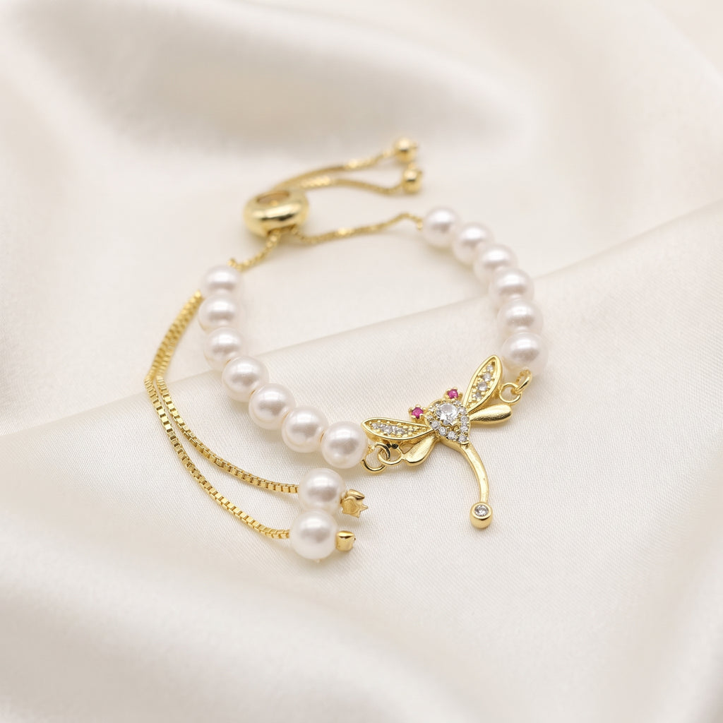 Gold-Plated White Pearl and Zircon Dragonfly Adjustable Slider Bracelet