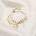 Gold-Plated White Pearl and Zircon Dragonfly Adjustable Slider Bracelet