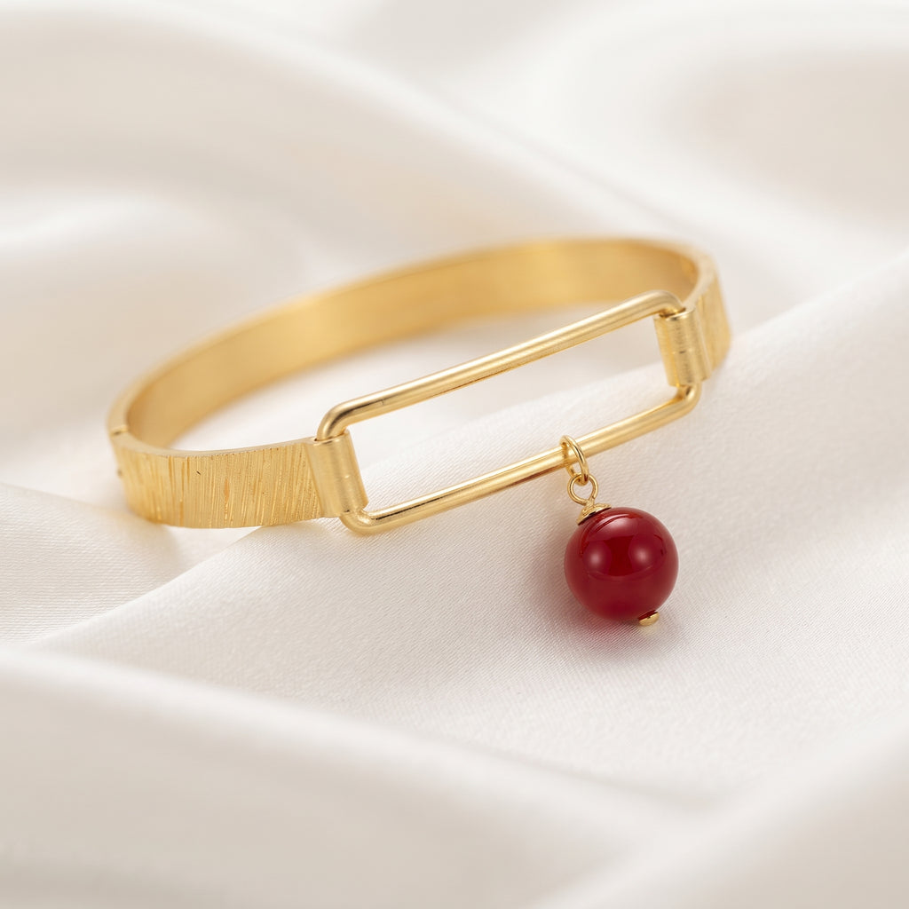 Gold-Plated Bright Red Enamel Ball Charm Bangle Bracelet