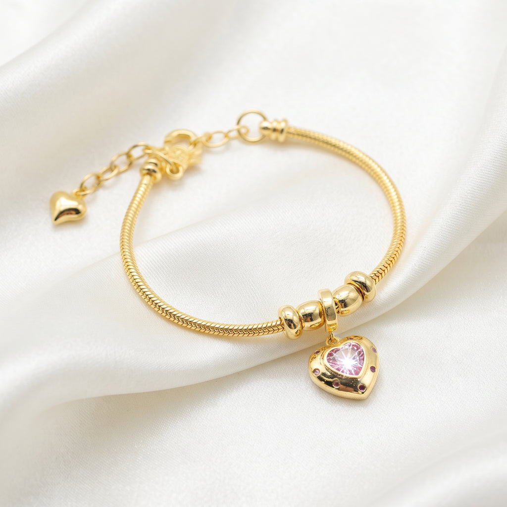 Pink Crystal Heart Charm Snake Chain Bracelet – 18K Gold Plated Romantic Jewellery for Women