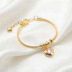 Pink Crystal Heart Charm Snake Chain Bracelet – 18K Gold Plated Romantic Jewellery for Women