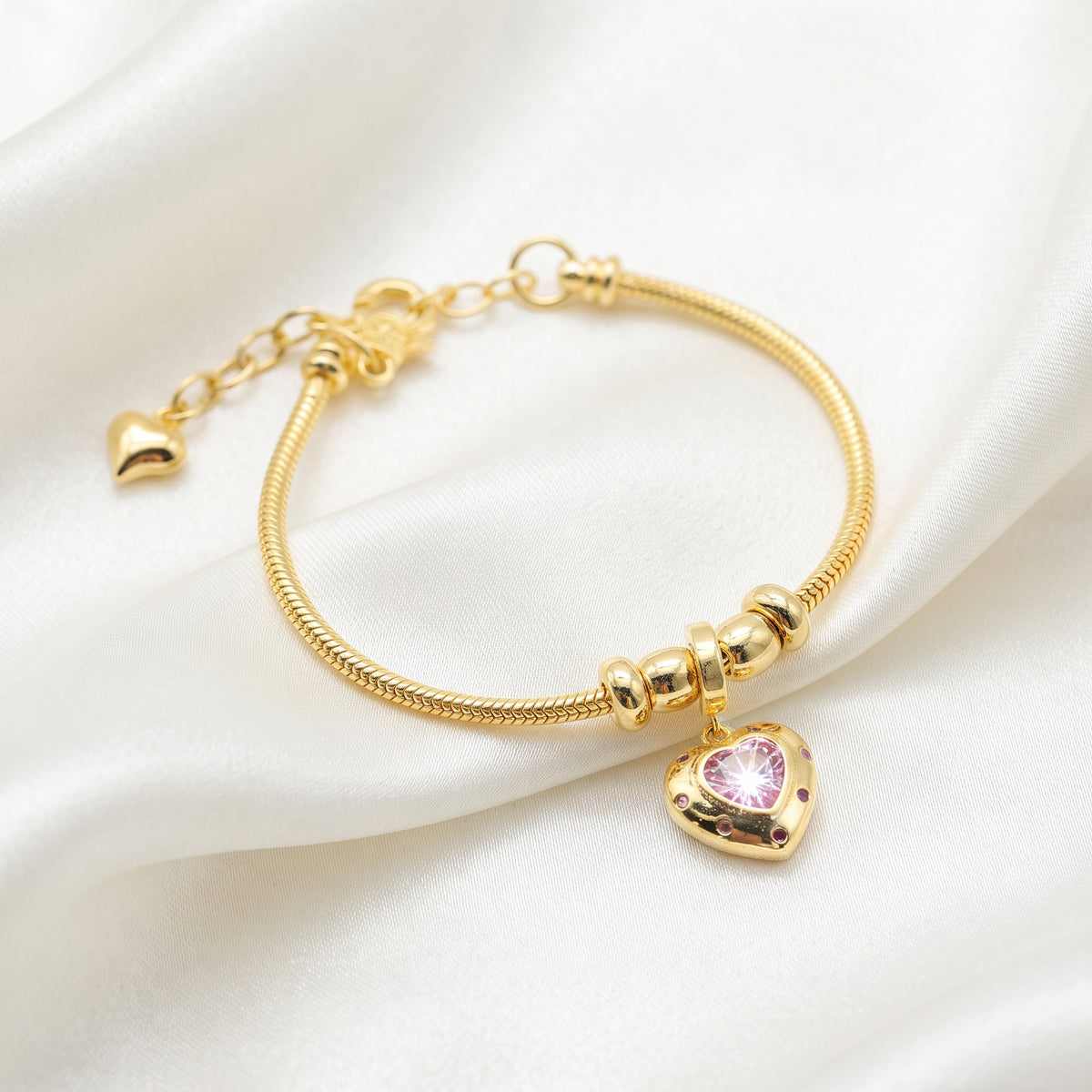Pink Crystal Heart Charm Snake Chain Bracelet – 18K Gold Plated Romantic Jewellery for Women