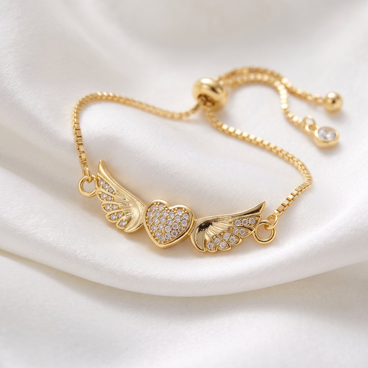 Luxury Zircon Angel Wings Heart Adjustable Bracelet – 18K Gold Plated