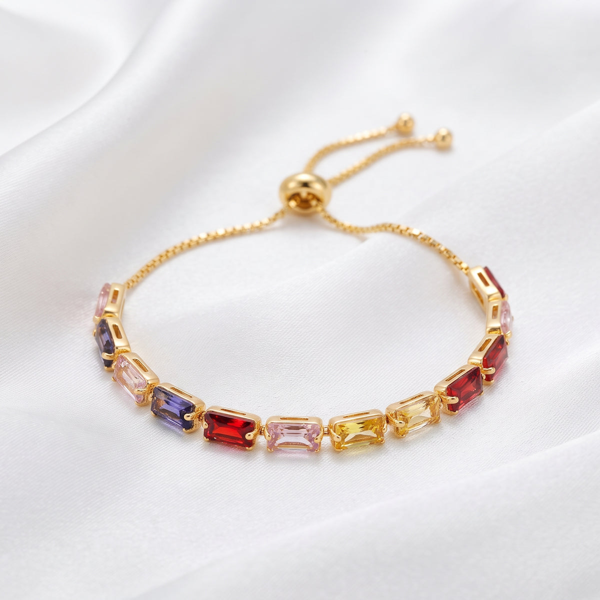 Imported Luxury Multi-Color Baguette Zircon Adjustable Bracelet – 18K Gold Plated
