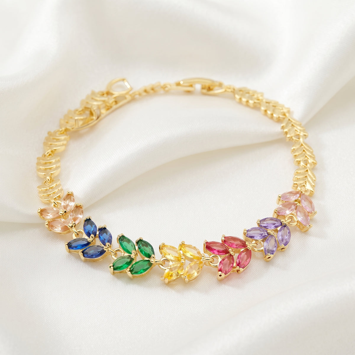 Multi-Color Rainbow Marquise Zircon Leaf Bracelet – 18K Gold Plated Statement Wristwear
