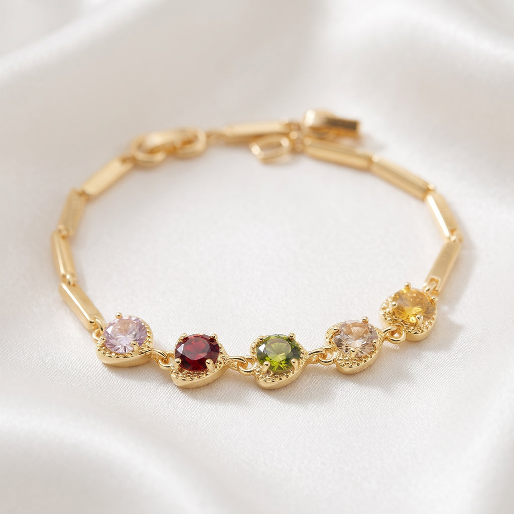 Gold-Plated Multi-Color Zircon Crystal Heart Link Bracelet – Vibrant Stone