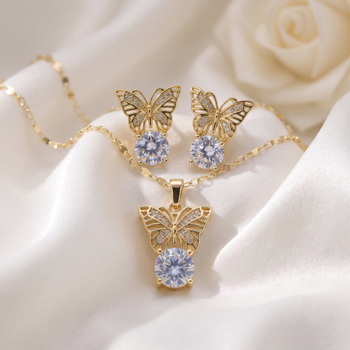 Sparkling Butterfly Crystal Necklace & Earring Set – 18K Gold Plated Luxury Jewellery Set