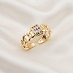 Multi-Color Zircon Lock & Cuban Link Chain Open Ring – 18K Gold Plated