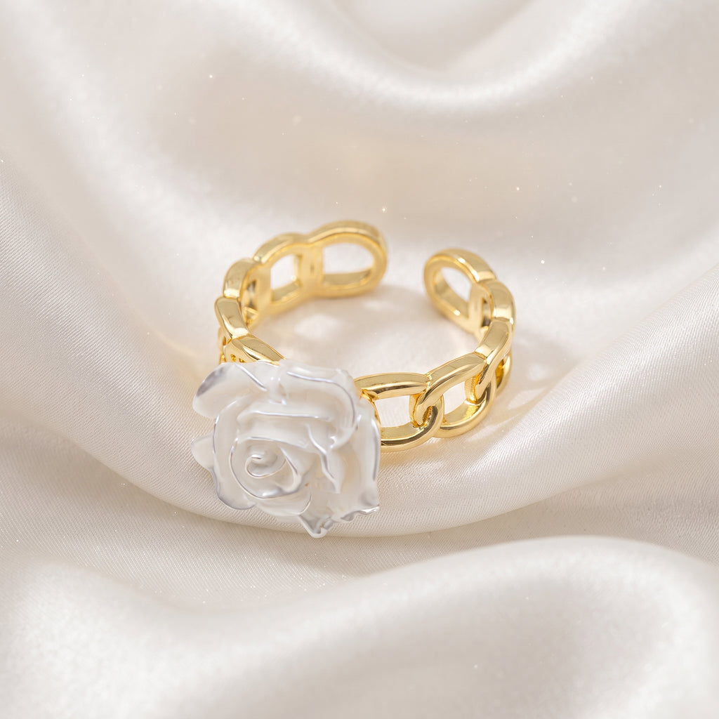 Gold-Plated White Rose Chain Ring – Adjustable Floral Statement Band