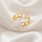 Gold-Plated White Rose Chain Ring – Adjustable Floral Statement Band