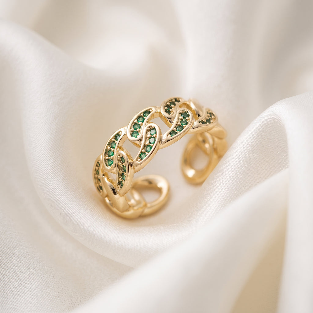 Emerald Green Zircon Cuban Link Chain Open Ring – 18K Gold Plated