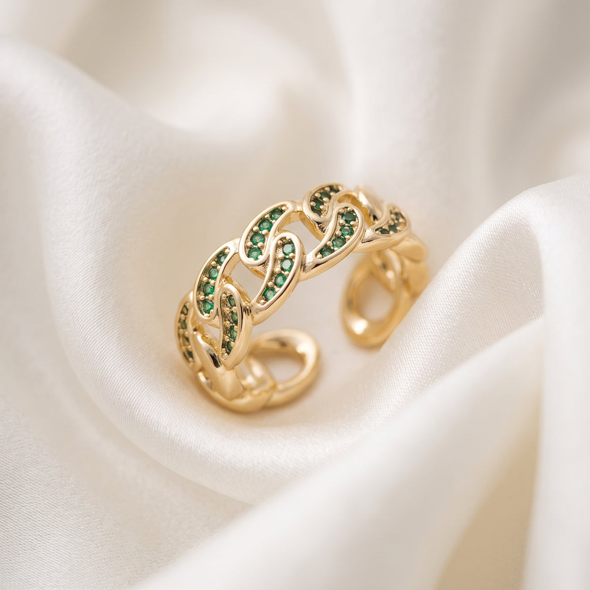 Emerald Green Zircon Cuban Link Chain Open Ring – 18K Gold Plated