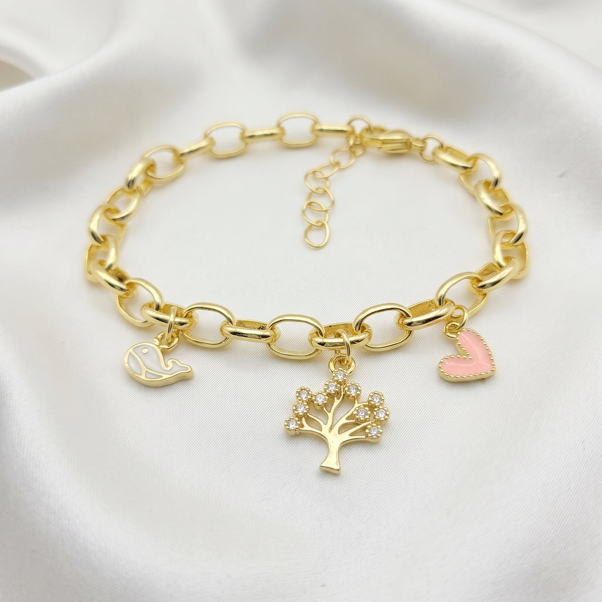 Gold-Plated Multi-Charm Paperclip Link Chain Bracelet