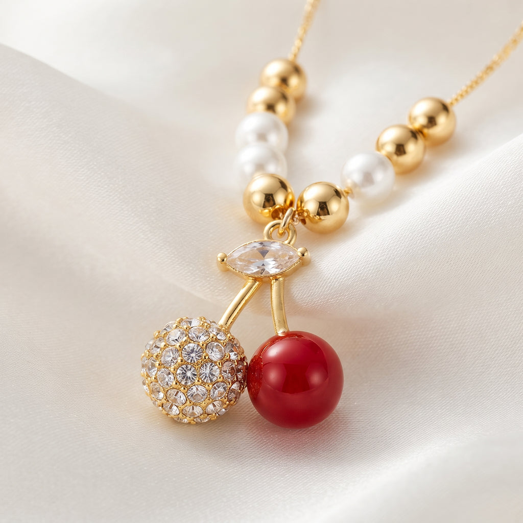 Sweet Double Cherry Crystal & Pearl Pendant Necklace – 18K Gold Plated Beaded Chain