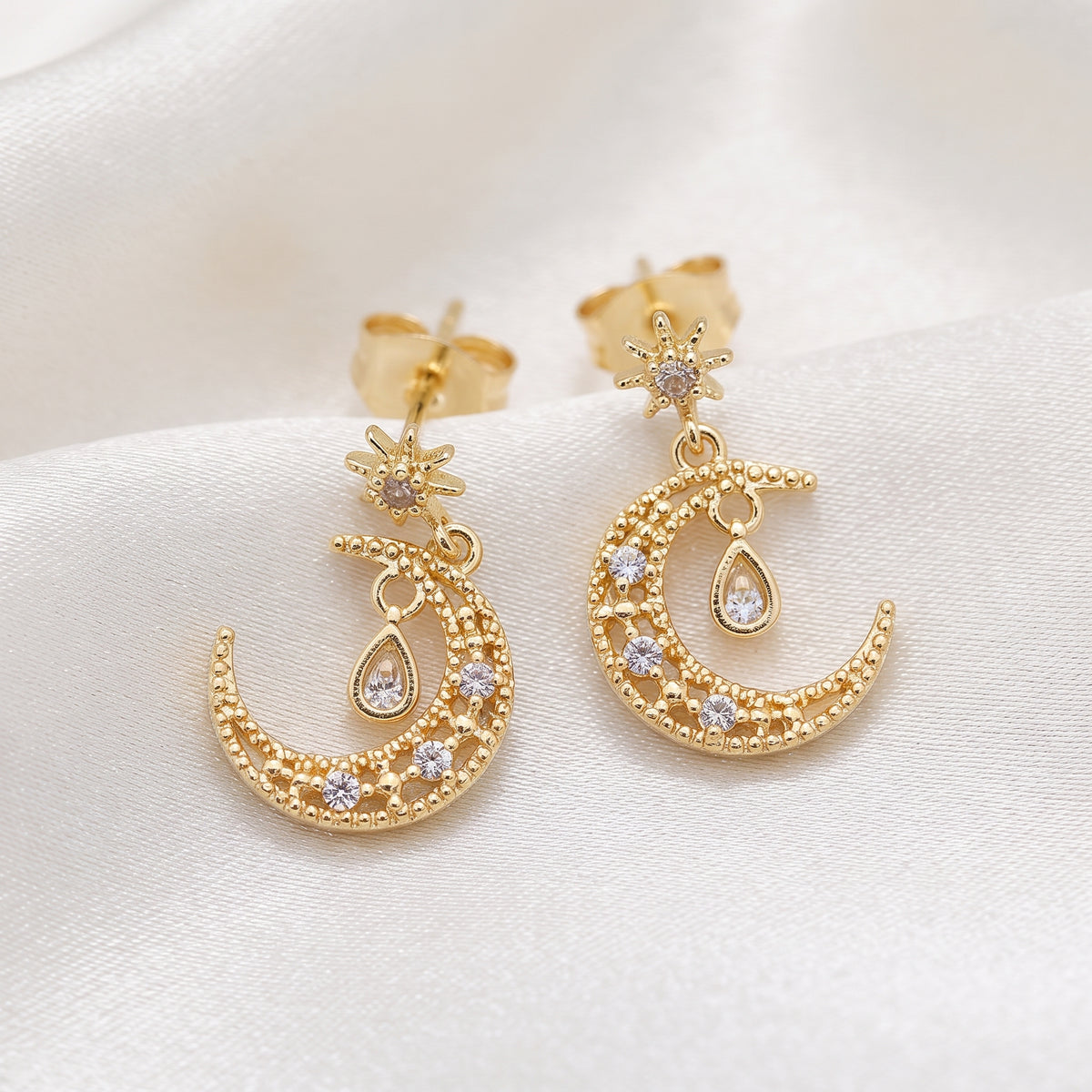 Celestial Star & Crescent Moon Pavé Dangle Earrings – 18K Gold Plated Drop Earrings